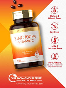 Zinc 100mg with Vitamin C | 180 Softgels | Non-GMO, Gluten Free Supplement | by Carlyle