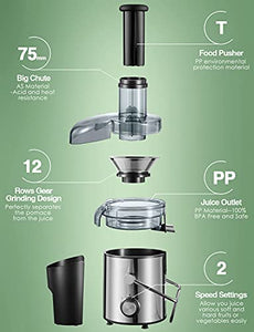 A/C Juicer Machines 1000 W Juicer Extractor Whole Fruit and Vegetables, Dual Speed Juicer with Higher Juice and Nutrition Yield, Anti-Drip Function, Stainless Steel, Silver and Black