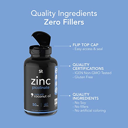 Zinc Picolinate 50mg with Organic Coconut Oil | Highly Absorbable Zinc Supplement to Support Growth, Immune Function, and Reproductive Health | Non-GMO Verified, Gluten & Soy Free (60 Liquid Softgels)