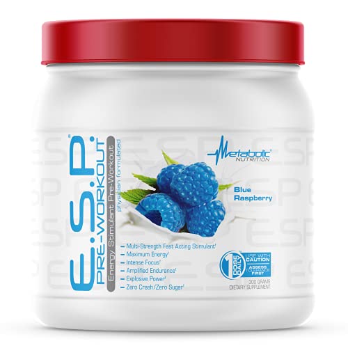 Metabolic Nutrition | ESP - Stimulating Pre Workout, Pre Intra Workout Supplement | Energy & Endurance Stimulating | Natural, Safe & Mental Focus | Blue Raspberry, 300 Grams (90 Servings)