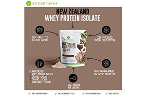 Antler Farms - 100% Grass Fed New Zealand Whey Protein Isolate, Chocolate Flavor, 30 Servings, 2 lbs - Delicious, Cold Processed, Rapidly Absorbed, Keto Friendly, NO-Hormones, NO-GMOs