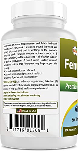 Best Naturals Fenugreek Seed Capsules Non-GMO 610 mg - Promotes Healthy Lactation & Healthy Glucose Metabolism 360 Count