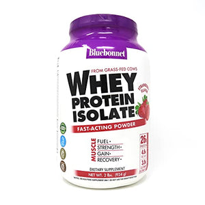 Bluebonnet Nutrition Whey Protein Isolate Powder, Whey From Grass Fed Cows, 26g of Protein, No Sugar Added, Non GMO, Gluten Free, Soy free, kosher Dairy, 2 Lbs, 28 Servings, Strawberry Flavor