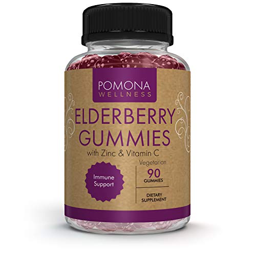 Pomona Wellness Elderberry Gummies with Vitamin C and Zinc, Gluten Free & Vegetarian, Black, Gummy Bottle, Purple, 90 Count