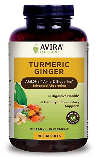 Avira Organic Turmeric Ginger Super Fusion with Curcumin & Bioperine, Digestive Health, Joint & Immune Support, Enhanced Absorption, Non-GMO, Max Strength-2190mg Per Day Intake, Yellow, 90 Count