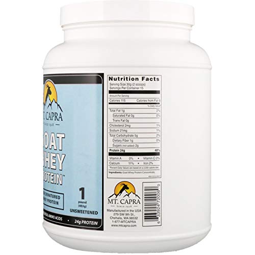 MT. CAPRA Since 1928 Clean Whey Protein | Grass-Fed Undenatured Goat Whey Protein Powder, 24 g Protein Per Serving, All Natural, NonGMO, High in Branch Chain Amino Acids, Unsweetened - 16 Ounce