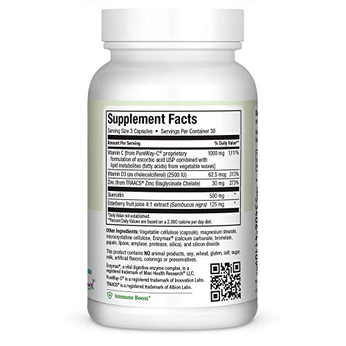 Quercetin 500mg with Zinc 30mg, Vitamin C 1000mg, Vitamin D 2500 IU, Elderberry 125mg - Vegetarian Immune Support & Lung Health Supplement for Adults Kosher Certified - 90 Veggie Capsules, Maxi Health