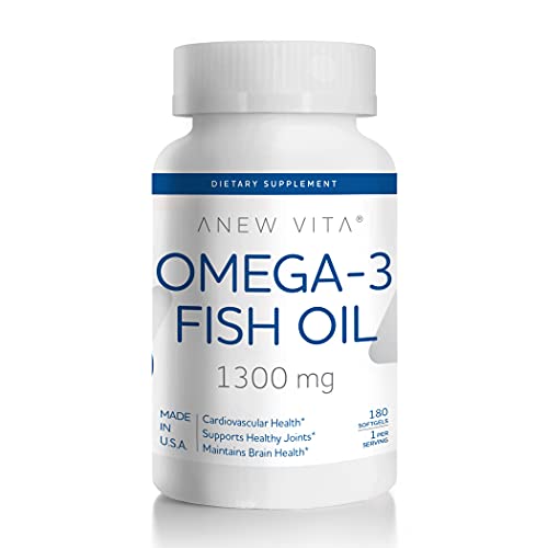 Anew Vita Omega-3 Fish Oil Supplement. Maintains Cardiovascular Health, Healthy Joints, Brain Health. 1300mg. 180 Softgels