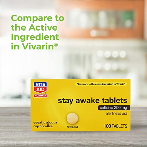 Rite Aid Stay Awake Tablets Caffeine, 200 mg - 100 Tablets | Caffeine Pills | Caffeine Supplement | Caffeine Pills 200mg | Equal to About a Cup of Coffee | Mental Alertness Aid | Energy Pills