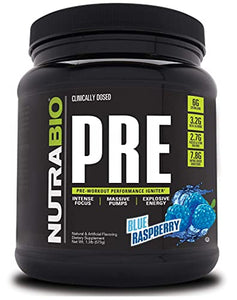 NutraBio PRE Workout Powder - Sustained Energy, Mental Focus, Endurance - Clinically Dosed Formula - Beta Alanine, Creatine, Caffeine, Electrolytes - 20 Servings - Blue Raspberry