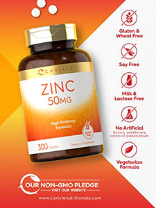 Zinc 50mg | 300 Tablets | Vegetarian, Non-GMO, and Gluten Free Supplement | Zinc Gluconate | High Potency Formula | by Carlyle