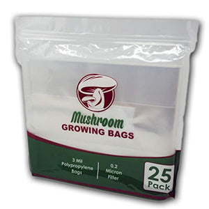 Reinforced Mushroom Grow Bags, 25 Count, Oyster Spawn and Grain Root Substrate Growing Kit with 0.2 Micron Filter, Large 8” x 5” x 20”, Thickest Available Heavy Duty 3 Mil Polypropylene Plastic