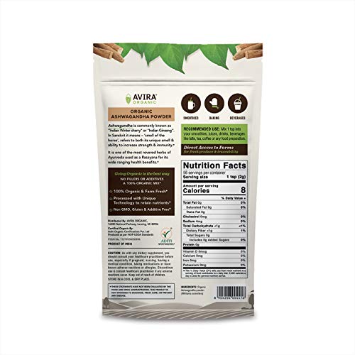 Avira Organic Ashwagandha Powder, Indian Ginseng, Allergen Free, Vegan, Non-GMO, Super Food, Easy To Mix In Smoothies, Baking, Tea And Lattes, Resealable 32 Oz Bag, Off-white