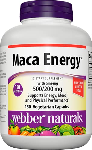 Webber Naturals Maca Energy, 500 mg of Organic Maca with 200 mg of Ginseng, 150 Count, Supports Physical Performance and Stamina, Made with Organic Peruvian Maca, Gluten Free, Suitable for Vegans