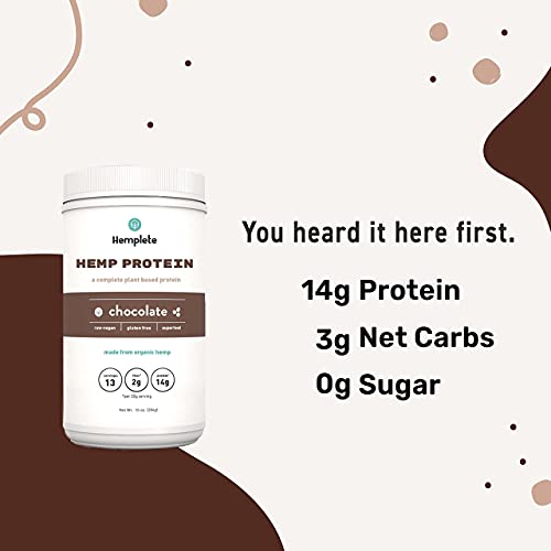 Organic Plant-based Chocolate Hemp Seeds Protein Powder by Hemplete, 75% Hemp Protein 10oz, 14g Protein Per 22g Serving