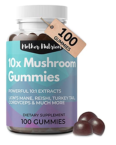 Mushroom Supplement Gummies w/10x Mushroom Powder by Mother Nutrient. Lions Mane Mushroom Complex Supplement, Shiitake Mushrooms, Cordyceps, Chaga & Reishi Mushroom Gummies for Energy, Focus, Immunity