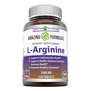 Amazing Nutrition L-Arginine 1000mg Supplement - Best Amino Acid Arginine HCL Supplements for Women & Man - Promotes Circulation and Supports Cardiovascular Health - Tablets (Non-GMO,Gluten Free) (120 Count)