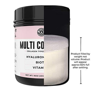 Collagen with Biotin, Hyaluronic Acid, Vitamin C, 1 lb Powder. Hydrolyzed Multi Collagen Peptide Protein. Types I, II, III, V, X, Collagen for Hair, Skin, Nails*. Collagen Supplement for Women, Men