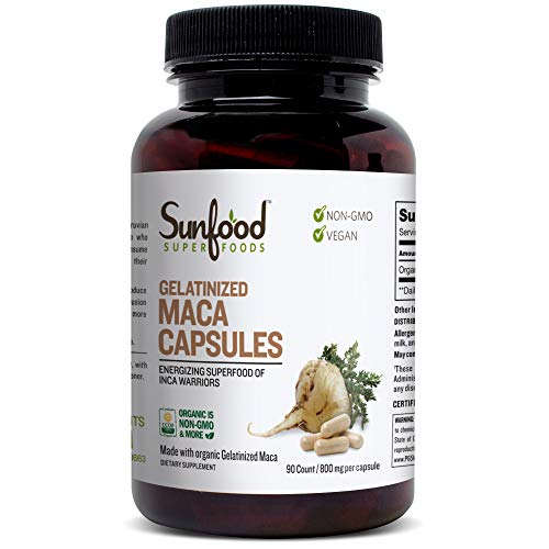 Sunfood Superfoods Maca Capsules- Gelatinized for Easy Digestion | Guaranteed Best Quality | 100% Pure (No Chemicals, Fillers, Additives) Organic, Non-GMO, Vegan, Gluten-Free | 800mg, 90 Count Bottle