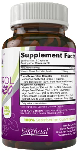 RESVERATROL1450 - 90day Supply, 1450mg per Serving of Potent Antioxidants & Trans-Resveratrol, Promotes Anti-Aging, Cardiovascular Support, Maximum Benefits (1bottle)