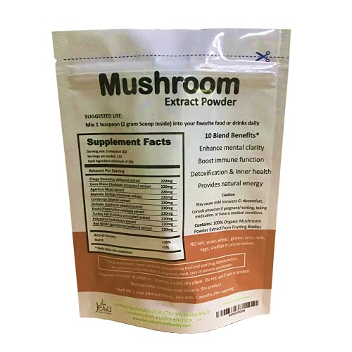 Mushroom Extract Powder - Powerful 10 Blend, Organic Lions Mane, Cordyceps, Reishi, Shiitake, Turkey Tail Mushrooms Nootropic Brain Supplement for Energy, Calm, Focus & Immune System Booster