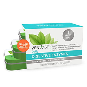 Zenwise Digestive Enzymes Probiotics and Prebiotics - Digestion and Bloating Relief for Women and Men, Lactose Absorption with Amylase & Bromelain (90 Count (3 Travel Tins))