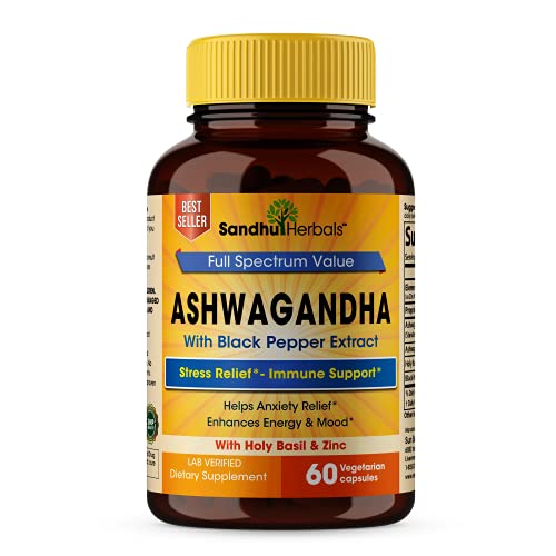 Sandhu Herbals Ashwagandha with Zinc Black Pepper Extract Ashwagandha Powder Stress Relief & Mood Support Supplements 60 Vegetarian Capsules