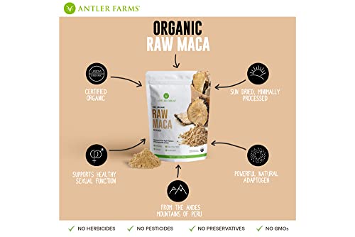 Antler Farms - 100% Pure Organic Raw Maca Powder, 40 Servings, 200g - Vegan, Gluten Free, Sun Dried, Cold Processed, Grown Outdoors in Central Andes of Peru, Certified USDA Organic