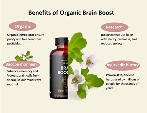 Bacopa, Kailash Herbals Organic Brain Booster, Nootropic Brain Supplement, Bacopa Monnieri/Brahmi, for Mental Sharpness, Focus, Memory, and Cognitive Wellness, 120 Capsules 500mg, 2 Month Supply