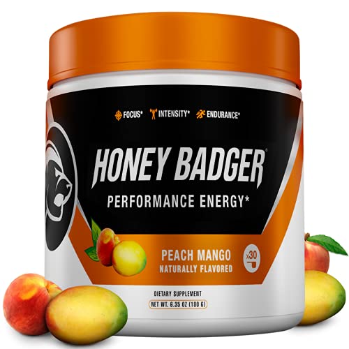 Honey Badger Pre Workout Powder | Vegan Keto Peach Mango Preworkout | Natural Energy for Men & Women | Beta Alanine, Caffeine & Vitamin C for Immune Support | Sugar Free & Paleo | 30 Servings