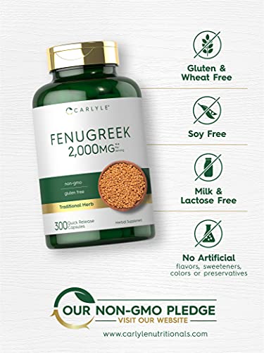 Fenugreek Capsules | 2000mg | 300 Count | Non-GMO & Gluten Free Extract | Fenugreek Seeds | by Carlyle