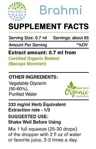 Brahmi B60 Alcohol-Free Herbal Extract Tincture, Organic Brahmi (Bacopa Monnieri) Dried Herb (2 fl oz)