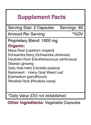 Stamina Secret 120 Capsules, 1000 mg, Maca, Schisandra, Eleuthero Siberian Ginseng, Gotu Kola, Barrenwort - Horny Goat Weed, Rhodiola. Energy/Endurance/Vigor (120 Capsules)