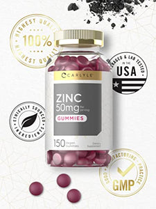 Zinc 50mg Gummies | 150 Count | Vegan, Non-GMO and Gluten Free Formula | Zinc Citrate Dietary Supplement | by Carlyle