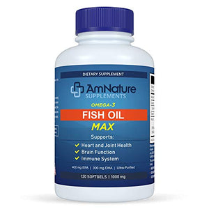 AmNature Supplements Omega 3 Fish Oil 1000mg - Max Strength Heart Health, Brain & Joint Support – Ultra-Purified EPA 400mg, DHA 300mg, Fatty Acids - 120 Softgels