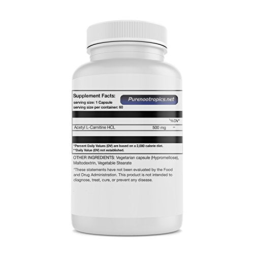 Pure Nootropics - Acetyl L-Carnitine (ALCAR) 500 mg Capsules (60 Veg Cap) | Neuroprotective Supplement & Memory Support | in House & Rigorous 3rd Party Testing for Higher Purity & Potency
