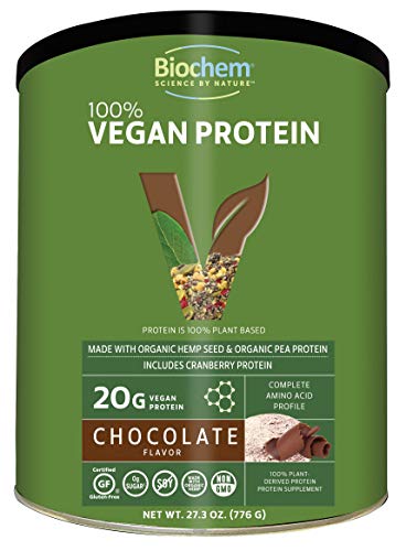 Biochem 100% Plant Protein - Chocolate - 27.3 Oz - 20g Vegan Protein - Complete Amino Acid Profile - KETO-Friendly - Hemp Seed - Pea Protein - Cranberry - Matcha Tea - Cocoa - Refreshing Taste