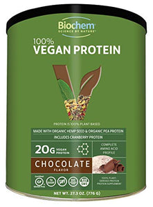 Biochem 100% Plant Protein - Chocolate - 27.3 Oz - 20g Vegan Protein - Complete Amino Acid Profile - KETO-Friendly - Hemp Seed - Pea Protein - Cranberry - Matcha Tea - Cocoa - Refreshing Taste