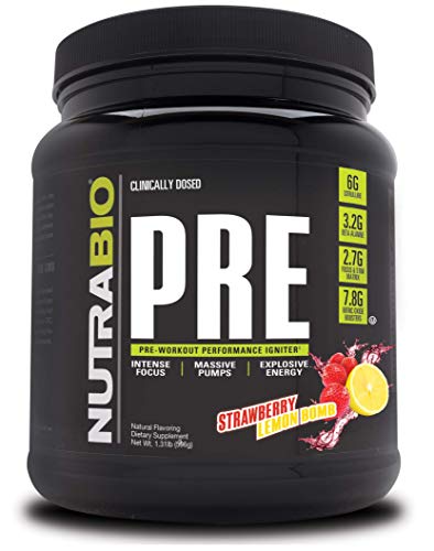 NutraBio PRE Workout Powder - Sustained Energy, Mental Focus, Endurance - Clinically Dosed Formula - Beta Alanine, Creatine, Caffeine, Electrolytes - 20 Servings - Strawberry Lemon Bomb