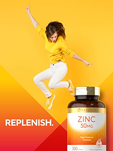 Zinc 50mg | 300 Tablets | Vegetarian, Non-GMO, and Gluten Free Supplement | Zinc Gluconate | High Potency Formula | by Carlyle