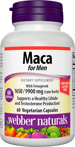 Webber Naturals Maca for Men, 1,650 mg of Organic Maca and 9,990 mg of Fenugreek Per Pill, 60 Vegetarian Capsules, Supports Energy and Mood, Gluten Free, Non-GMO, Suitable for Vegans