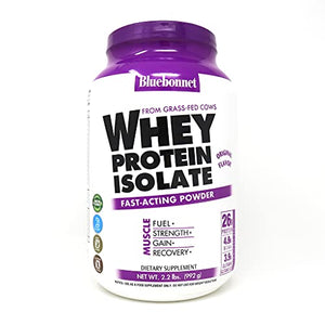 Bluebonnet Nutrition Whey Protein Isolate Powder, Whey from Grass Fed Cows, 26 Grams of Protein, No Sugar Added, Non GMO, Gluten Free, Soy Free, Kosher Dairy, 2.2 lbs, 32 Servings, Original Unflavored