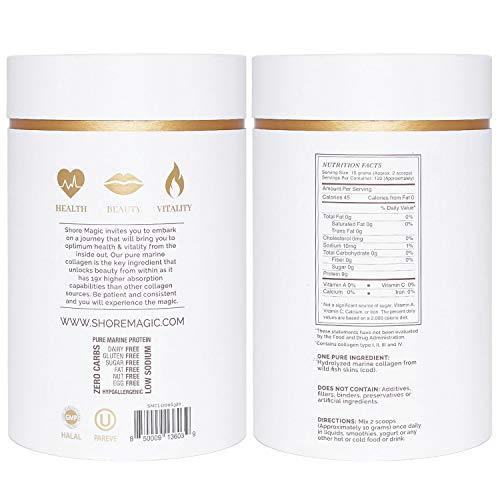 Shore Magic Marine Collagen Powder, Hydrolyzed Marine Collagen Peptides Powder, Sustainably Sourced Wild Fish Skin Collagen, Odorless & Unflavored - 4 Month Supply (for The Price of 3 Months)