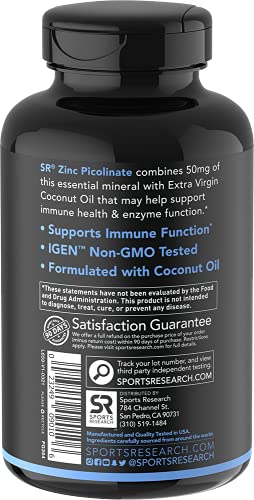 Zinc Picolinate 50mg with Organic Coconut Oil | Highly Absorbable Zinc Supplement to Support Growth, Immune Function, and Reproductive Health | Non-GMO Verified, Gluten & Soy Free (60 Liquid Softgels)