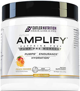 Amplify Caffeine Free Pre Workout for Men and Women: Stim Free Muscle Pump Enhancer, Hydration Powder with Electrolytes, L Citrulline, Creatine HCl for High Volume Training | Peach Mango, 40 Servings