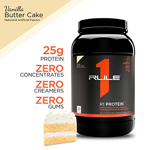 Rule One Proteins, R1 Protein - Vanilla Butter Cake, 25g Fast-Acting, Super-Pure 100% Isolate and Hydrolysate Protein Powder with 6g BCAAs for Muscle Growth and Recovery, 2.5 Pounds, 38 Servings