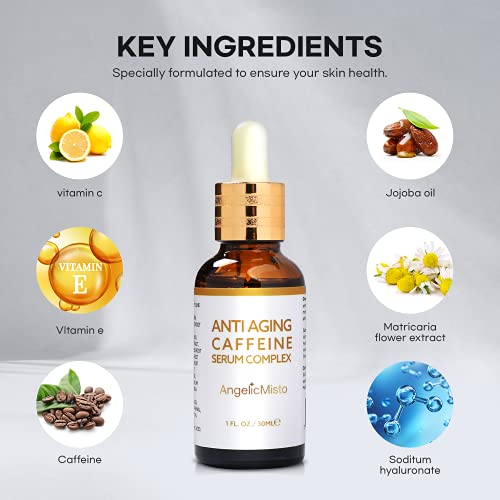 Anti Aging Caffeine Eye Serum Complex for Eye and Face - with Green Tea Catechin, Vitamin C, Niacinamide, Hyaluronic Acid, Collagen, For Puffiness, Pigmentation, Wrinkles, Fine Lines 1oz.