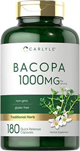 Bacopa Monnieri Capsules | 1000 mg | 180 Capsules | Non-GMO & Gluten Free Supplement | by Carlyle