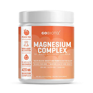 Magnesium Complex Powder by GoBiotix | High Absorption Magnesium Supplement Drink for Sleep Support, Stress Relief, Muscle Relaxation & Recovery | Vegan + Sugar-Free + Non-GMO. Peach Tea, 60 Servings