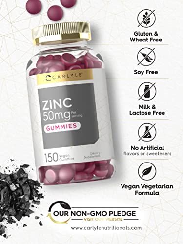 Zinc 50mg Gummies | 150 Count | Vegan, Non-GMO and Gluten Free Formula | Zinc Citrate Dietary Supplement | by Carlyle